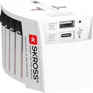 SKROSS Universal Travel Plug with USB and USB C, 1.302962, White