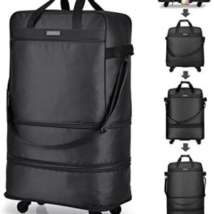 Hanke Expandable Foldable Luggage Bag Suitcase Collapsible Rolling Travel Luggage Bag Duffel Bag for Men Women Lightweight Suitcases, Black Upgrade Version, Expandable Luggage Bag Without Rigid Frame