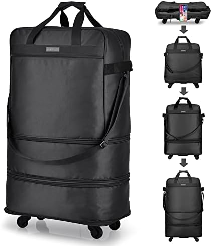 Hanke Expandable Foldable Luggage Bag Suitcase Collapsible Rolling Travel Luggage Bag Duffel Bag for Men Women Lightweight Suitcases, Black Upgrade Version, Expandable Luggage Bag Without Rigid Frame