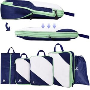 AiQInu Packing Cubes Compression, Pack of 5 Packing Bags, Compression Suitcase Organiser Set with Laundry Bag and Shoe Bag, Ultralight, Expandable, Travel Pack Organiser for Hand Luggage (Dark Blue)
